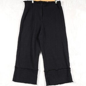ZARA Black Textured Wide Leg Cropped Pants Frayed Hem Size L